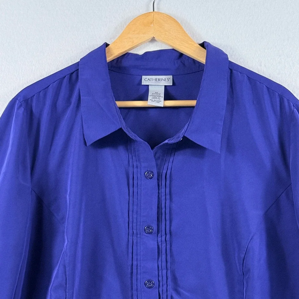 Catherines Button Down Blouse Womens 2X Indigo Pleated Roll Tab Office Classic